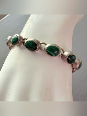 Mexico 925 Sterling Silver Green Malachite Silver Link Bracelet